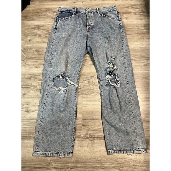 Free People Bren Boyfriend Jeans Womens Blue Distressed Boho Chic Button Fly 31 - Picture 3 of 8